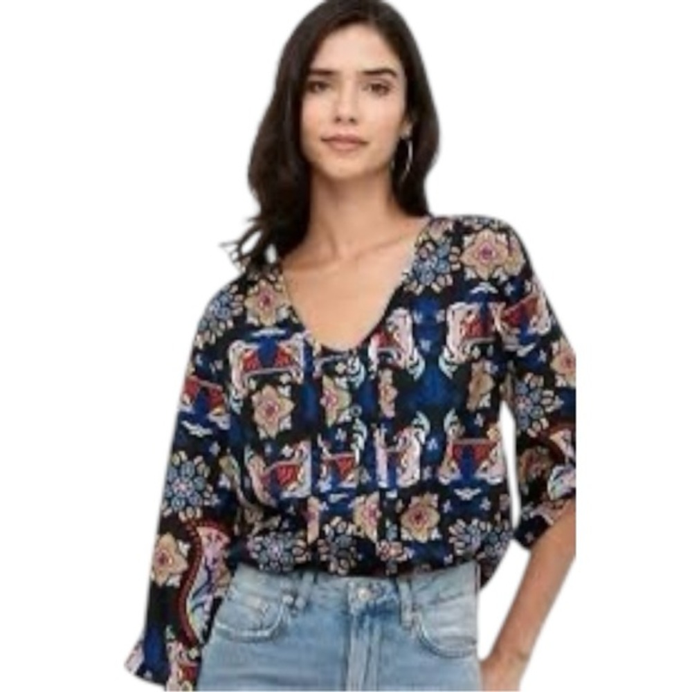 Yumi Kim Lizzie Top Multicolor Floral Mandala V-Neck Boho Button Front